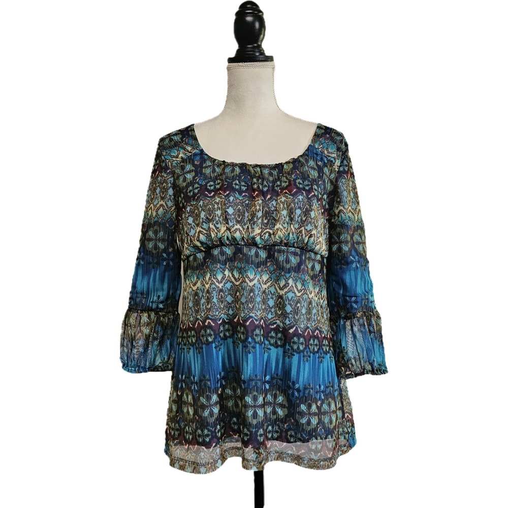 Dressbarn Blue Green Babydoll Mesh Overlay Top Size M Hippie Boho Gypsy Retro‎
